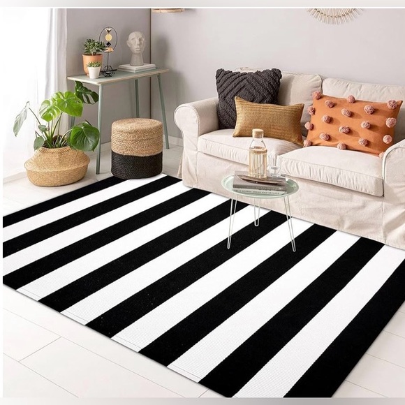 Kozyfly Black & White Striped Area Rig 3x5 ,Front Door Rug Hand Woven Washable - Picture 3 of 12